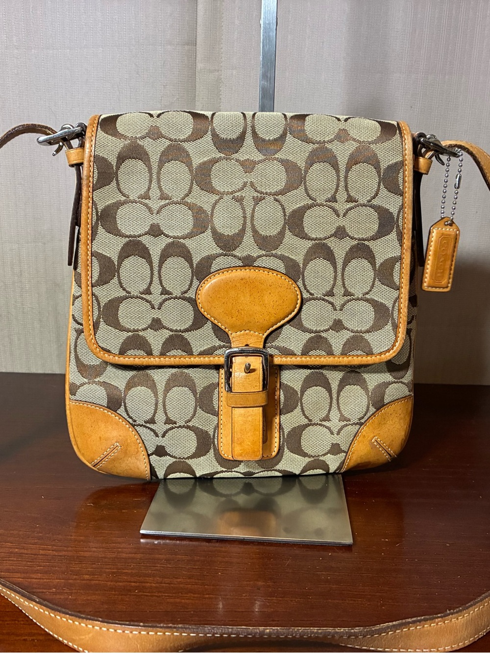 Coach Brown Signature Canvas Crossbody with Tan Leather Trim